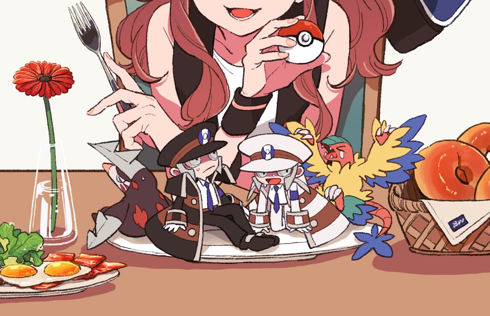 ingo (pokemon) 1girl hat holding poke ball pokemon (creature) food shirt  illustration images