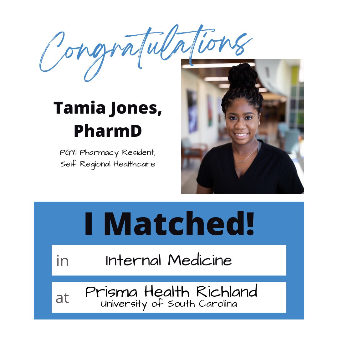 Self_PharmRes's tweet photo. Congratulations to our current PGY1 resident, Tamia Jones, as she continues her training at @PHUofSCPharmRes for a PGY2 in Internal Medicine! We are so happy for you! https://t.co/IDgpKW3qKU