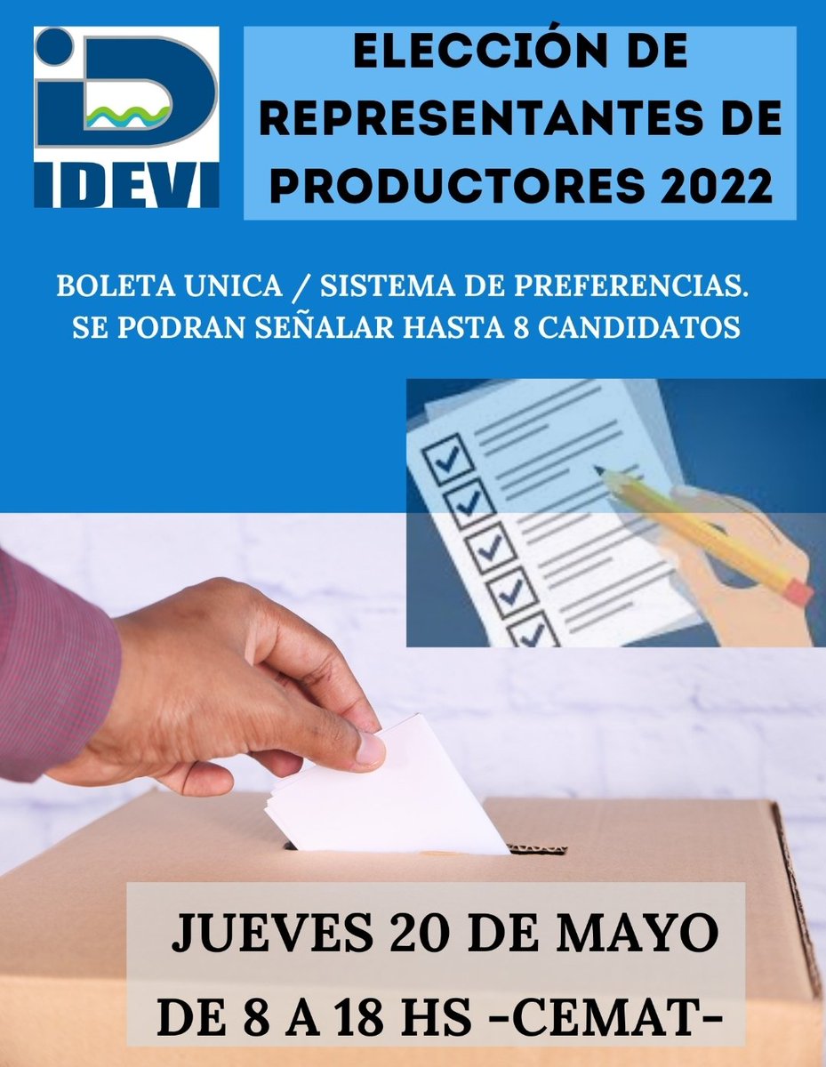 Recordamos que Hasta el día lunes 25 de abril, se estarán recepcionando las presentaciones de los candidatos y sus avales  a fin de poder ser elegidos en las próximas elecciones para representantes de productores en el  Consejo de Administración de IDEVI