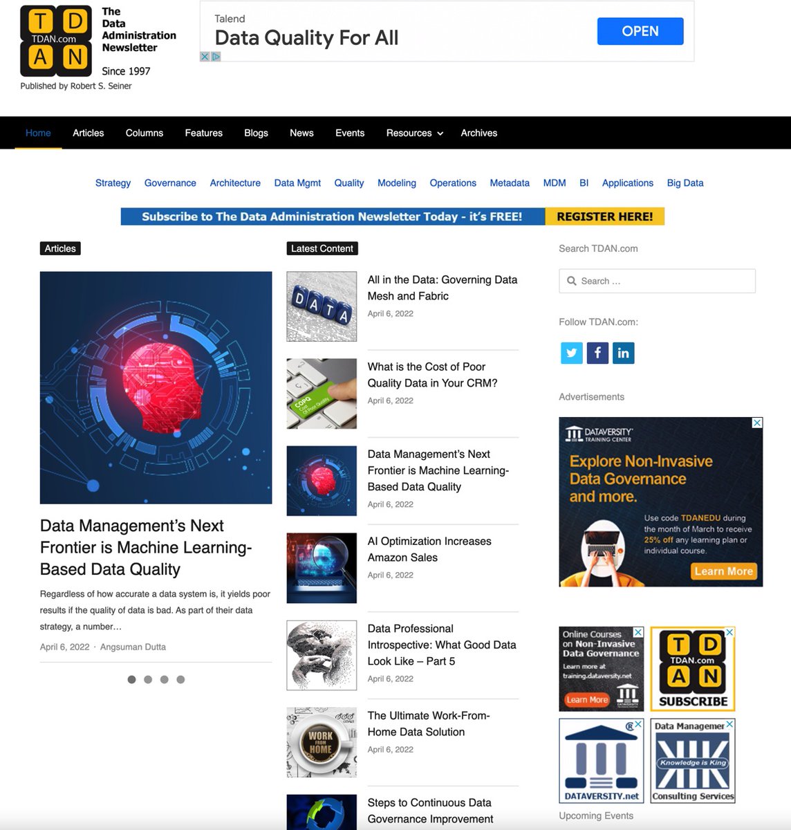 The current TDAN.com issue focuses on #DataGovernance #DataQuality #DataMesh #DataFabric #DataManagement #AI with new content from <a href="/RSeiner/">Robert S. Seiner</a> <a href="/SarahKaminski10/">Sarah Kaminski</a> <a href="/DQMartinDoyle/">Martin P Doyle</a> Mecca Dutta Elizabeth. tdan.com