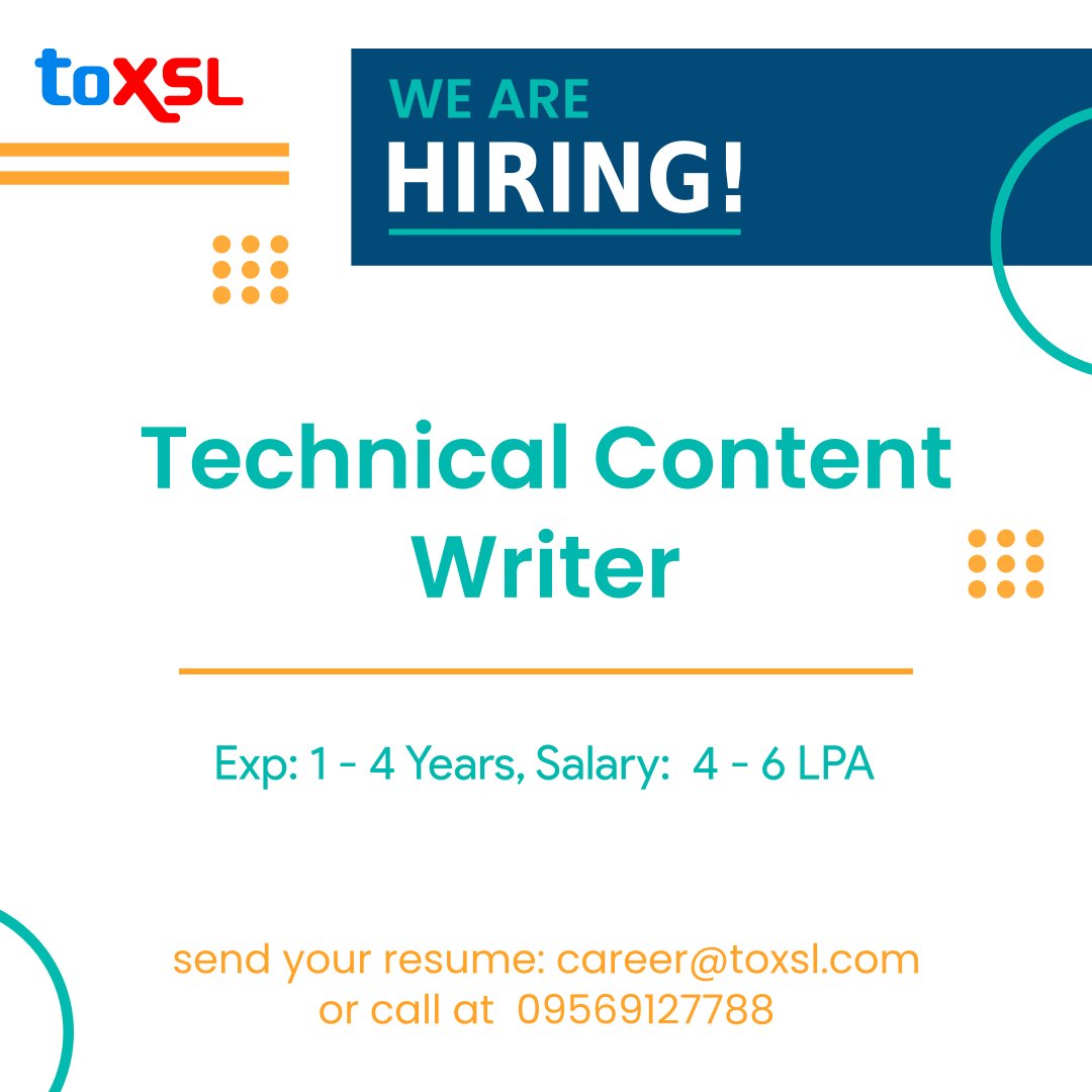 ToXSL's tweet image. ToXSL is hiring for Technical Content Writer 
Apply Directly: talent.toxsl.com/recruitment/va…
Experience: 1-4 Years
Salary: 4-6 Lac per annum
No. of positions:02

#HIRINGNOW #ToXSL #ContentWriterJob #JobOpenings