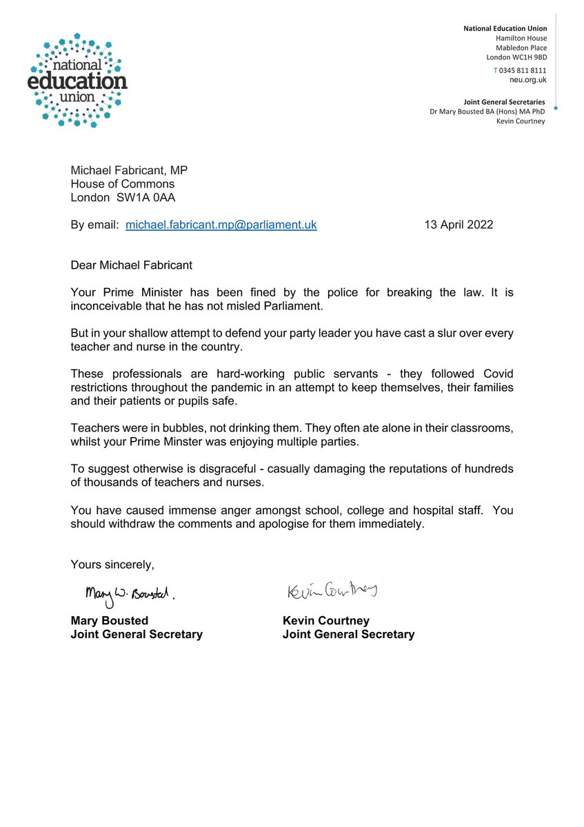 cyclingkev's tweet photo. Our letter to Michael Fabricant, completing the circle of complaints from RCN, NAHT and ASCL.

“Teachers were in bubbles not drinking them”

Fabricant should withdraw his allegations and apologise immediately. https://t.co/Q9otNmgYYj