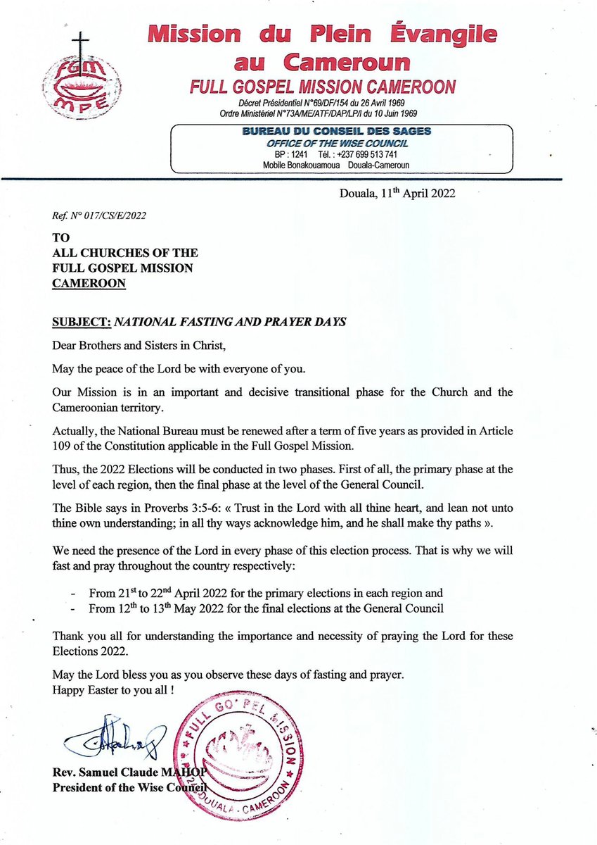 fgmcm_org's tweet photo. OFFICE OF THE WISE COUNCIL. 
Announcement.

TO ALL CHURCHES OF THE FGM CAMEROON
National Fasting and Prayer Days in view of Transition of the National Bureau.
More information on the Pictures Below.

God bless you!
#FGBNINFO https://t.co/9IWfHIYp7n
