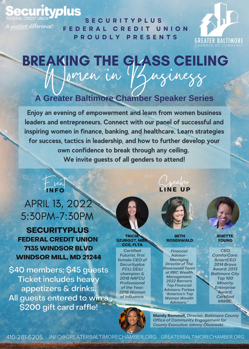 Tonight is our Breaking the Glass Ceiling: Women in Business event at 5:30. Attendees will hear from some of the most successful business women in the Baltimore area and enjoy heavy appetizers and drinks.

RT if you're joining us!