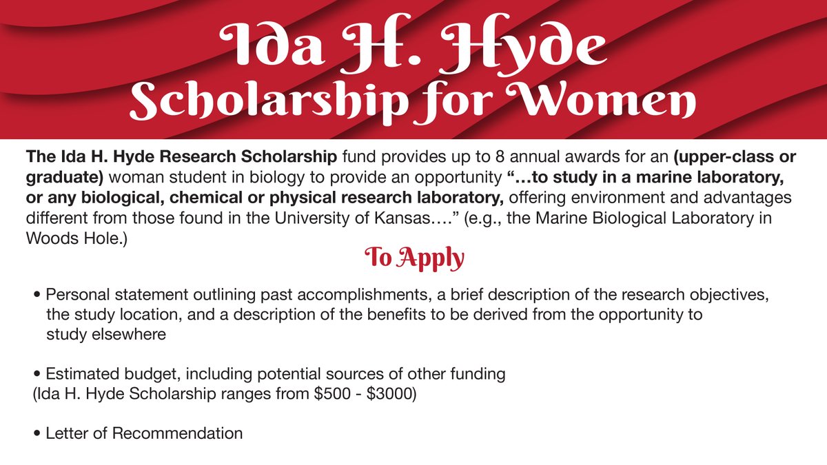 KUbiology's tweet photo. Hey Jayhawks! Are you a woman studying biology and looking to do research in a lab outside KU? This Scholarship is for you. 📝🔬

 Submit Applications Online at
https://t.co/xe0Ty4tw28 

#scholarships #KUUB #WomeninSTEM https://t.co/s61XzCHQlA