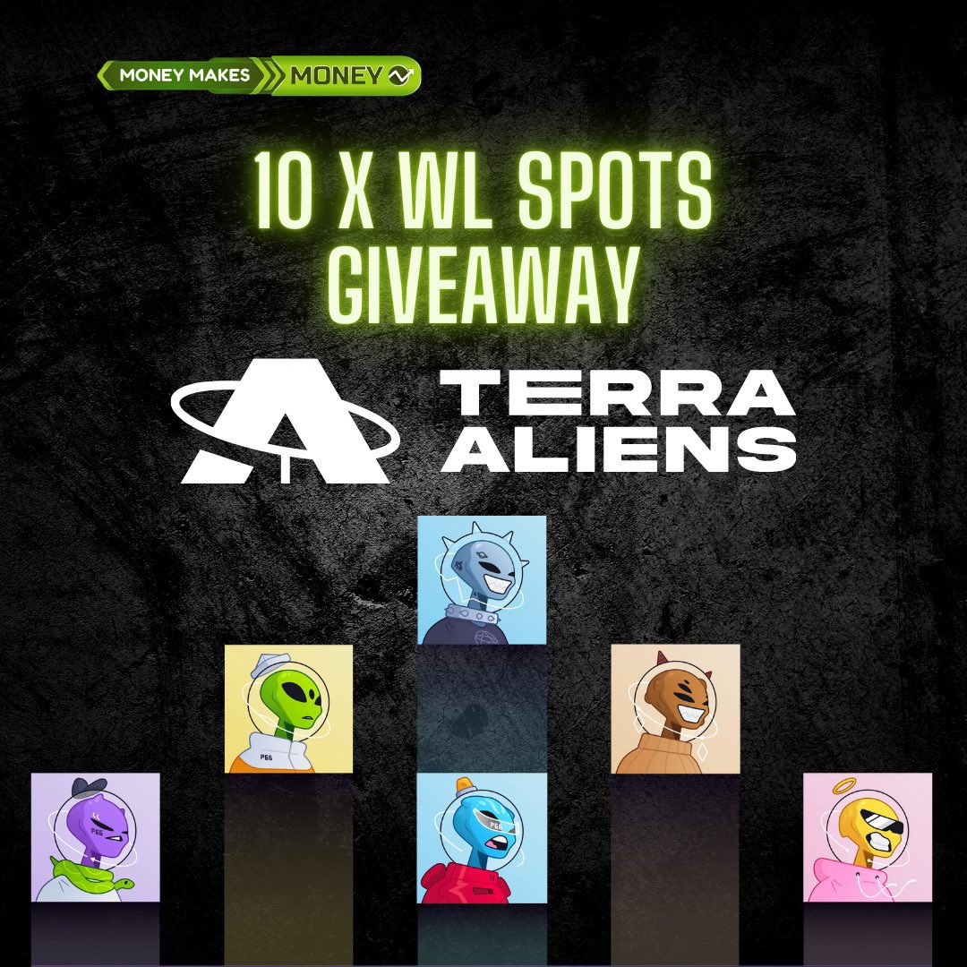 Thanks to <a href="/TerraAliensNFT/">Terra Aliens ✧</a> for the WL giveaway!🚀🚀🚀
How to Enter?🤔

1⃣ Follow <a href="/TerraAliensNFT/">Terra Aliens ✧</a> and <a href="/LewiczMichal/">Michal Lewicz</a> 
2⃣ Like + RT + Tag 2 friends
3⃣ 10 WLs drawn in 72 hrs 

#nft #giveaway #wl