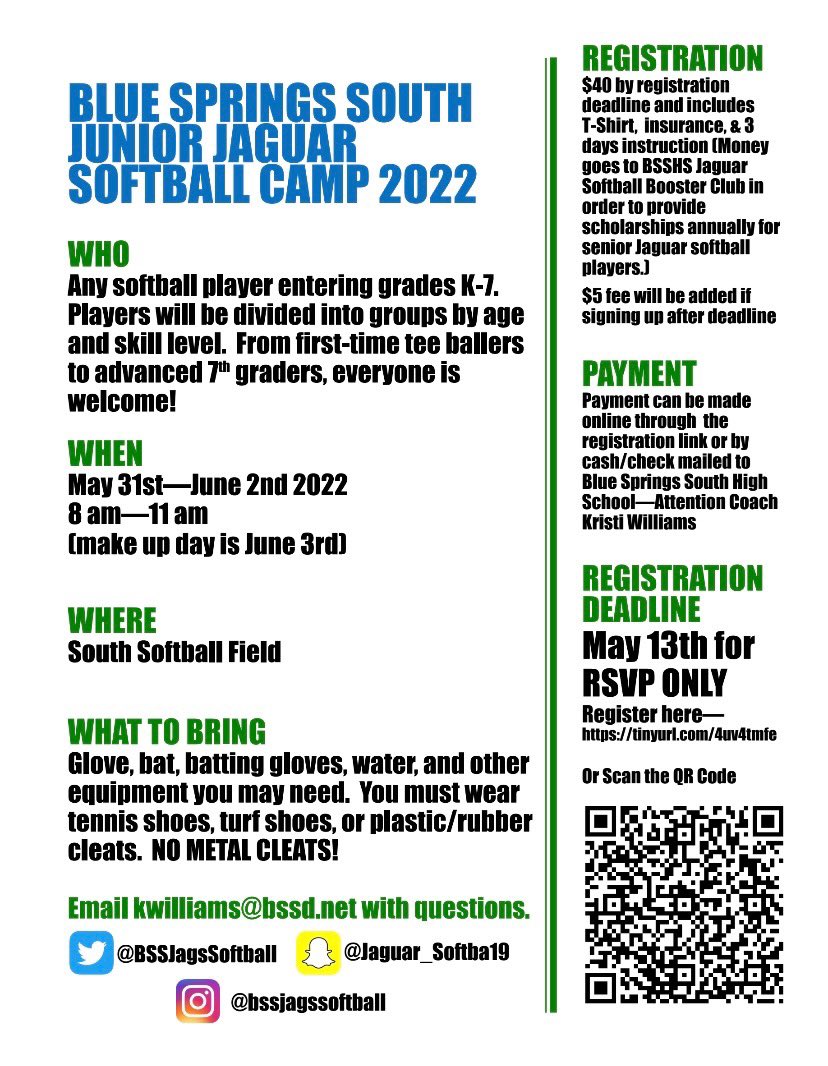Come hang out with us at softball camp! May 31-June 2; K-7 grade camp 9-11am, 8-12 grade camp 12-3pm. Camp ages are determined by Fall 2022 grade. Come join us! @bssjaguars @MRMSHUSKIES @DeltaWoodsMS @BSSDnews