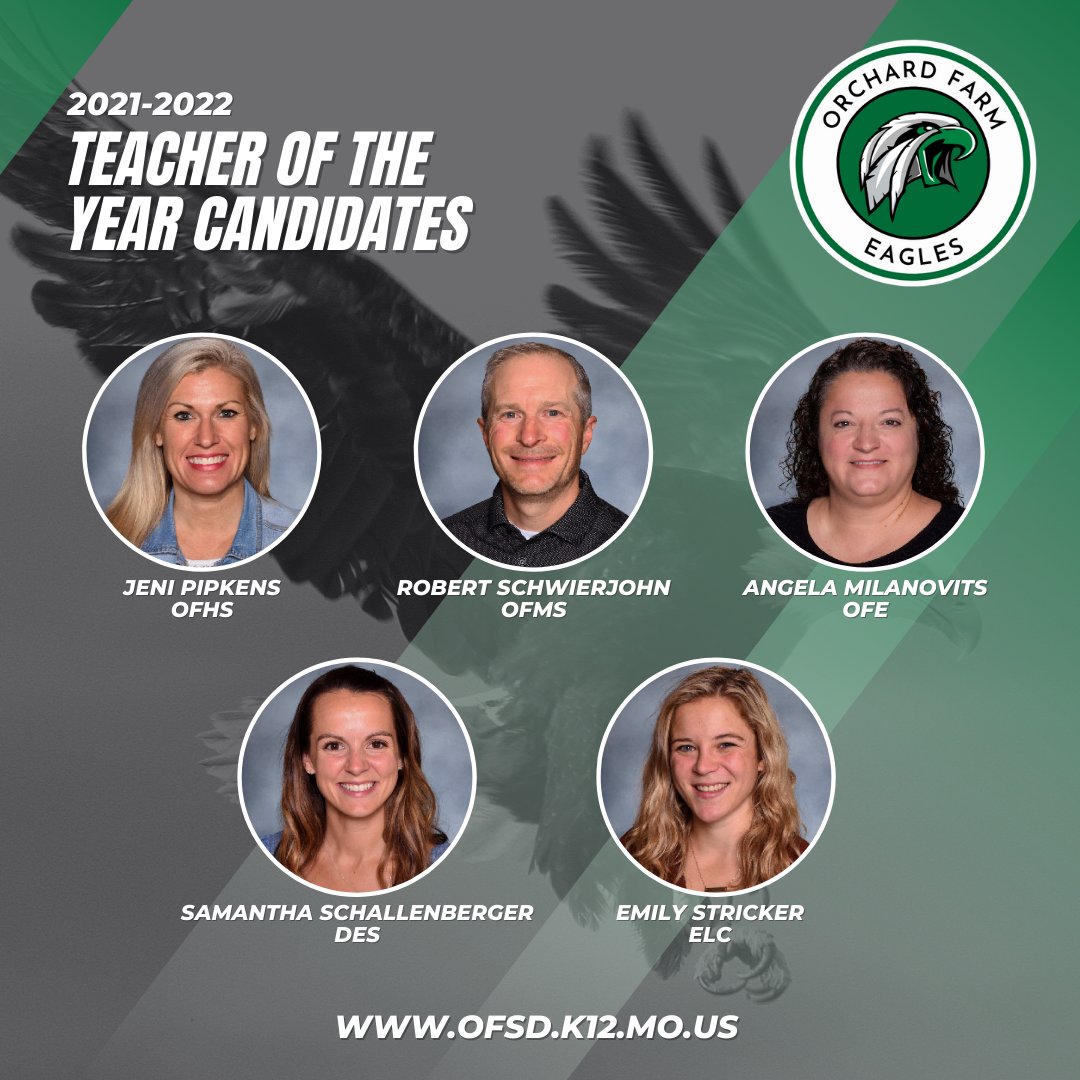 OrchardFarmRV's tweet photo. The #OFSD Teacher of the Year nomination committee met last Friday and selected the following faculty members as candidates for the 2021-2022 Teacher of the Year:
Jeni Pipkens #OFHS
Robert Schwierjohn #OFMS
Angela Milanovits #OFE
Samantha Shallenberger #DES
Emily Stricker #ELC
π https://t.co/hk3ox9H2W3