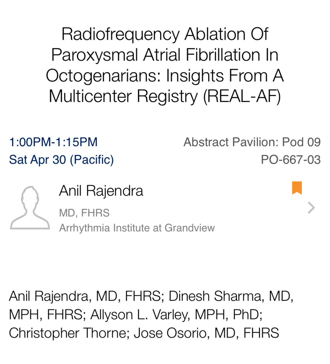 Attending #HRS2022? Check out @AnilRajendra1’s presentation titled, “Radiofrequency Ablation of Paroxysmal Atrial Fibrillation In Octogenarians: Insights From A Multicenter Registry (#REALAF)” at 1:00pm on Saturday April 30. @DineshSharmaEP @josoriomd