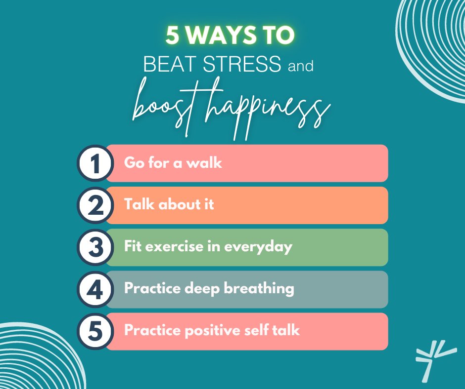 MAS_CommHealth's tweet photo. April is Stress Awareness Month. We understand the need for some stress relief in your everyday life. 

Here are a few tips on how to beat stress and boost happiness! https://t.co/iQ5INgt73M