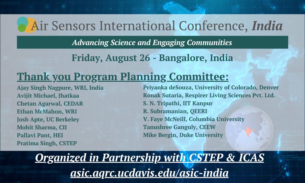 UCDavisAQRC's tweet image. Are you working on small, affordable #AirQualitySensors in #India? Join us at the #ASICIndia conference this fall!
@cleanairfund @CSTEP_India
#CleanAirforAll #CleanAirMatters #AirPollution #Sensors #DataScience