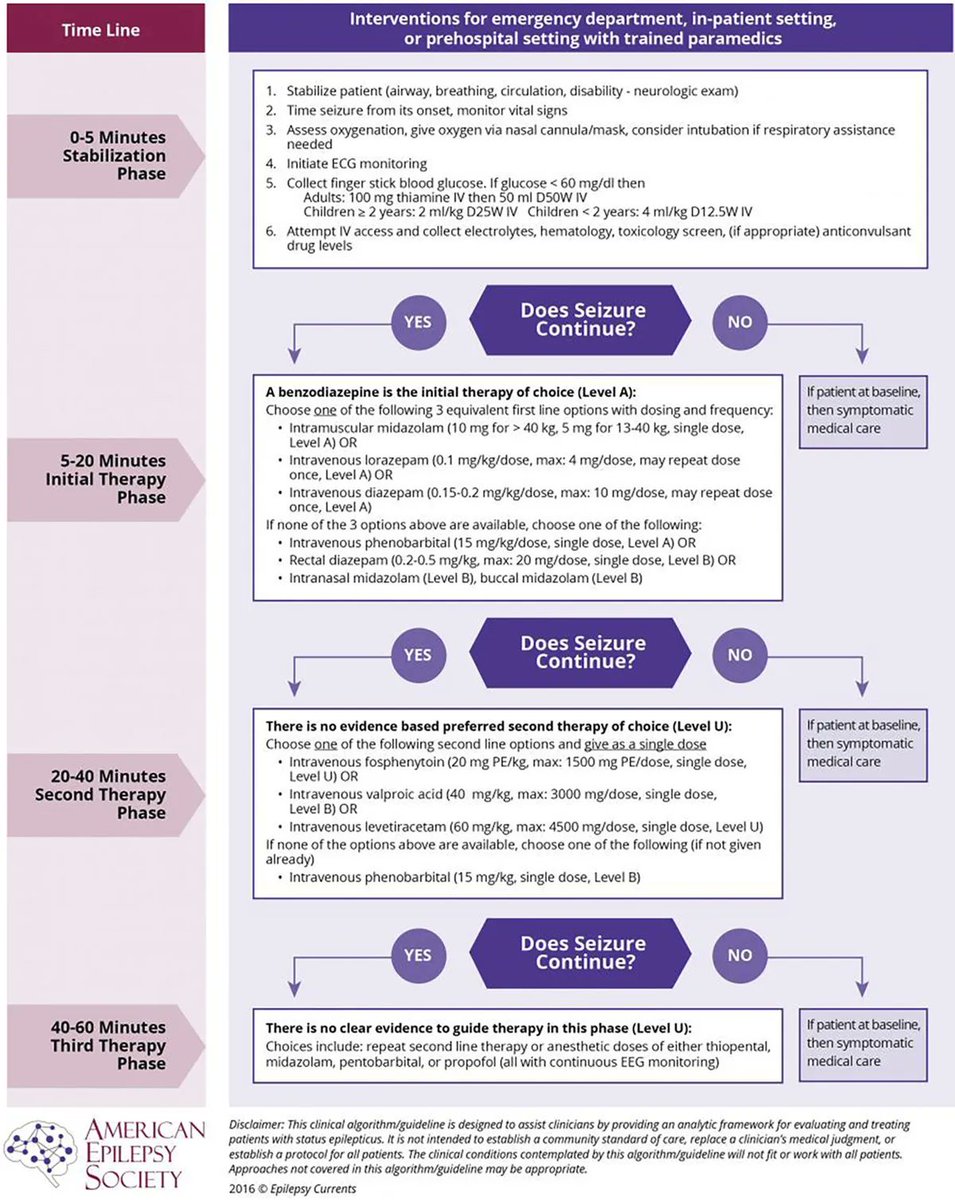 #Neurología #MedicinaCritica
Algoritmo propuesto para el estado epiléptico convulsivo por la American Epilepsy Society.
Continuum (Minneap Minn). 2022;28(2):559-602. doi:10.1212/CON.0000000000001103