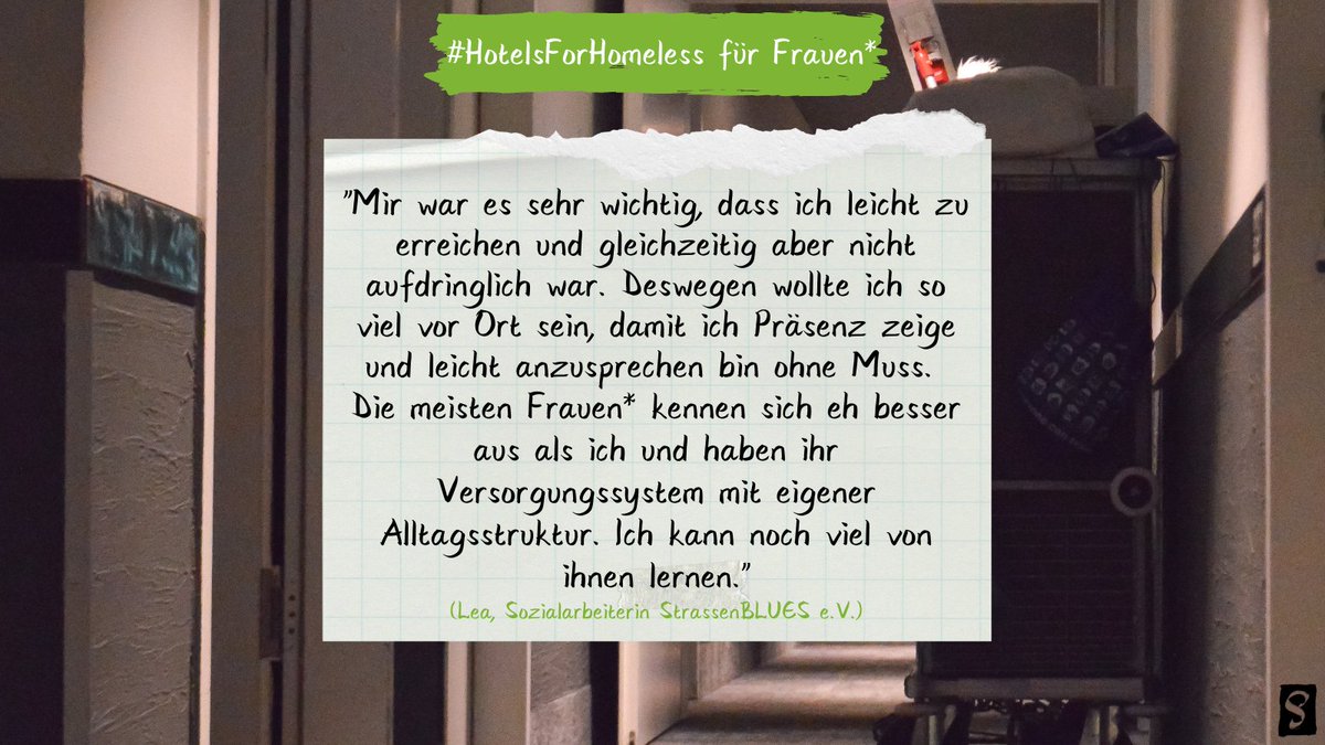 StrassenBLUES's tweet photo. Unser Projekt #HotelsForHomeless für Frauen* ist zu Ende. Für einen hürdenarmen Zugang war unsere Sozialarbeiterin Lea täglich als Ansprechpartnerin für die Frauen* vor Ort. Kein festes Büro, keine direkte Vorauswahl, keine verpflichtenden Bedingungen: #Niedrigschwelligkeit https://t.co/SqAHBvbjqC
