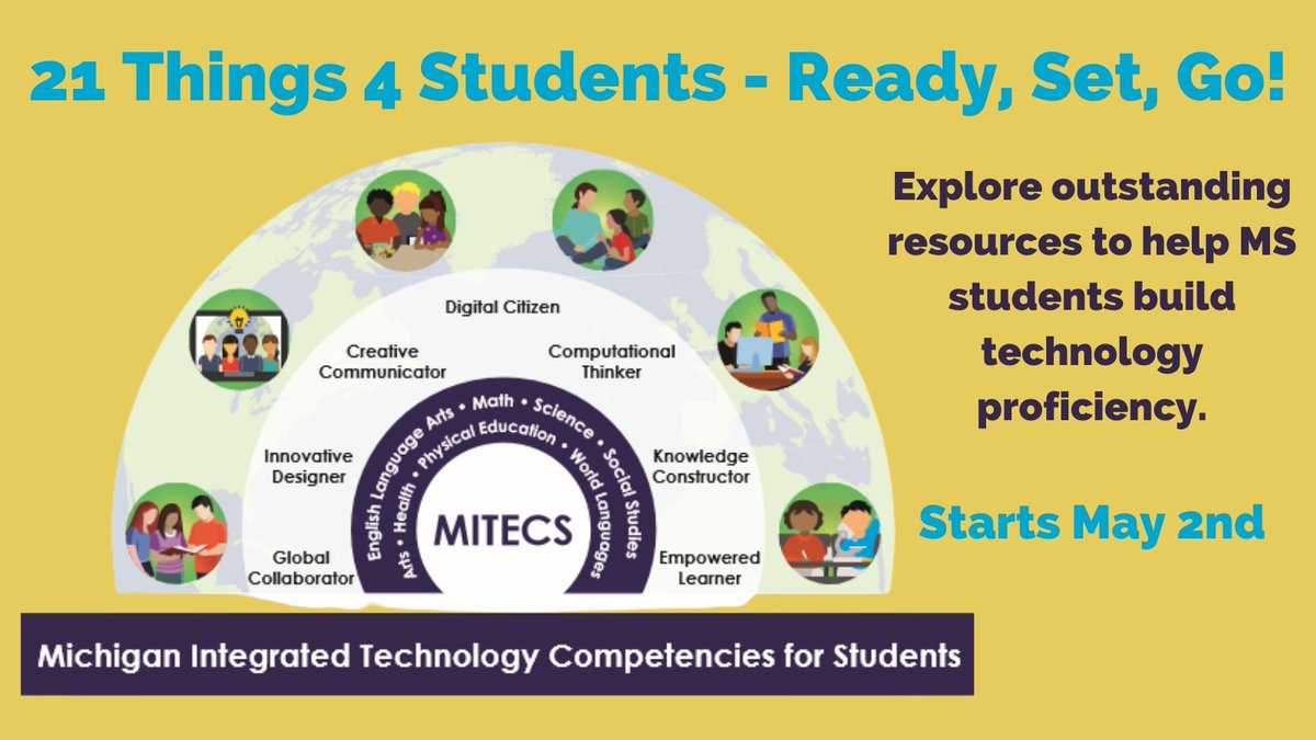 REMCAssociation's tweet photo. Looking for  engaging resources to help students build technology proficiency for real-world success? Check out the 21Things4Students - Ready, Get Set, Go course starting May 2nd. Develop a plan for implementing MITECS in your own classroom. Register:  https://t.co/Wu9rY6eFX3 https://t.co/N8he9imZcz