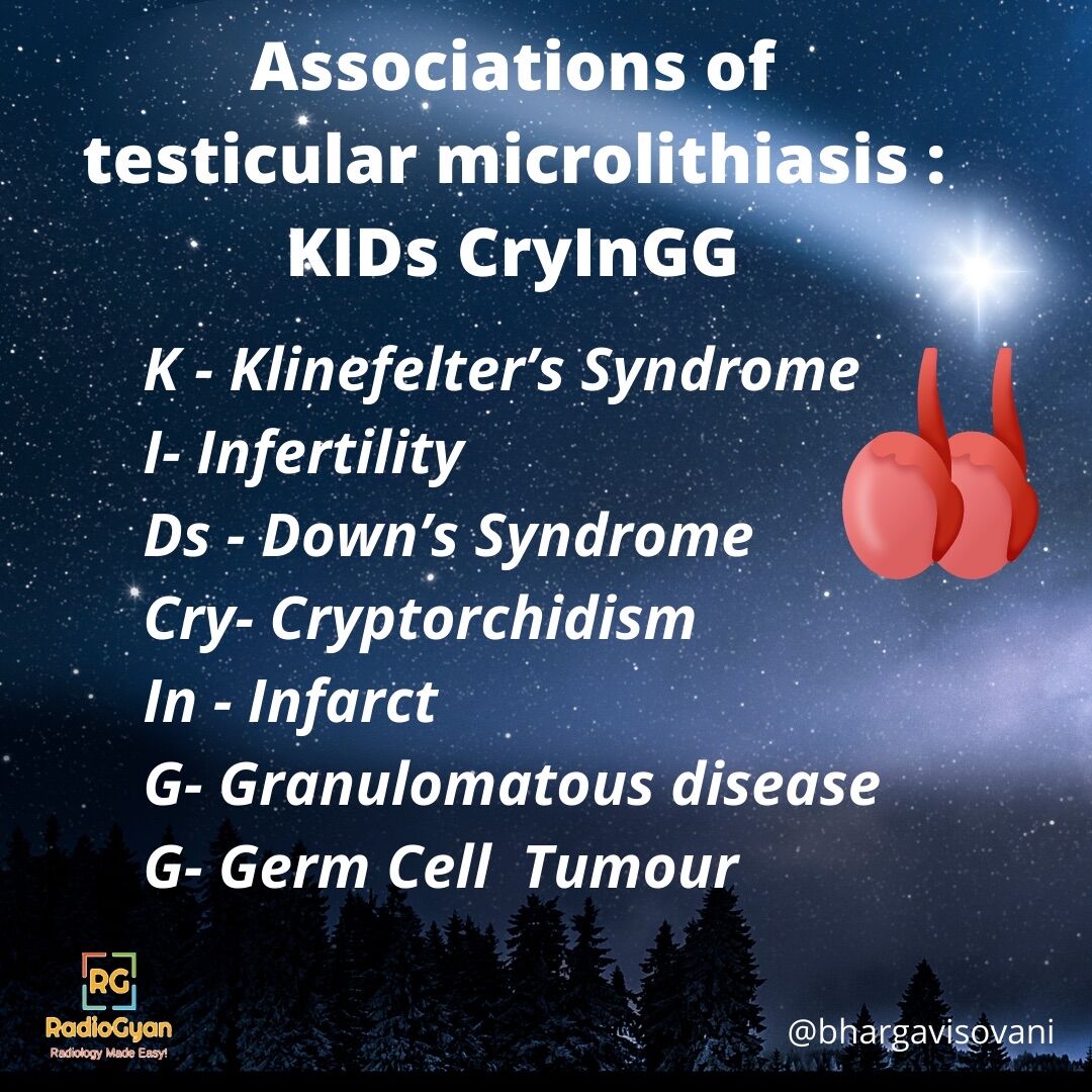 TeamRadioGyan's tweet photo. #WordplayWednesday
⠀
Check out this #mnemonic on associations of testicular microlithiasis. by #TeamGyan member Dr. Bhargavi Sovani.
Follow her on @bhargavisovani
#microlithiasis #usg #syndromes
#Foam #radres #radiogyan
#radiology #education #medicine https://t.co/d1o80I9wMU