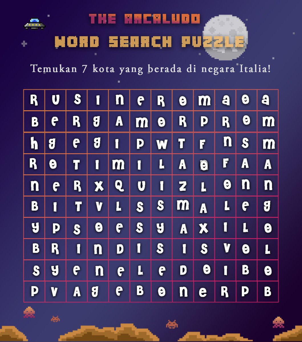 thearcaludo's tweet photo. ㅤ
𝐌𝐈𝐍𝐈 𝐆𝐀𝐌𝐄𝐒 
———————
Ayo main mini games sama Bella selagi menunggu registrasi ditutup! DI antara huruf-huruf di bawah ini, terdapat 7 kota yang berada di negara Italia. Yuk, lingkari atau coret 7 kota tersebut! Jawabannya di-quote ya.
ㅤ https://t.co/APdtVoPWb2