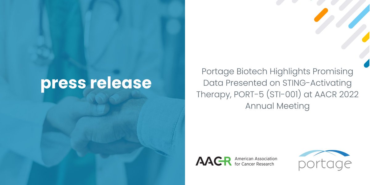 PortageBiotech's tweet image. Today we are highlighting promising data on our #STING activating #immunotherapy, PORT-5, in collaboration with @StimunityBio at the @AACR 2022 Annual Meeting. Data will be shared in a presentation today at 9:00 a.m. CT. Learn more here: bit.ly/3LY5LK0 $PRTG #AACR22