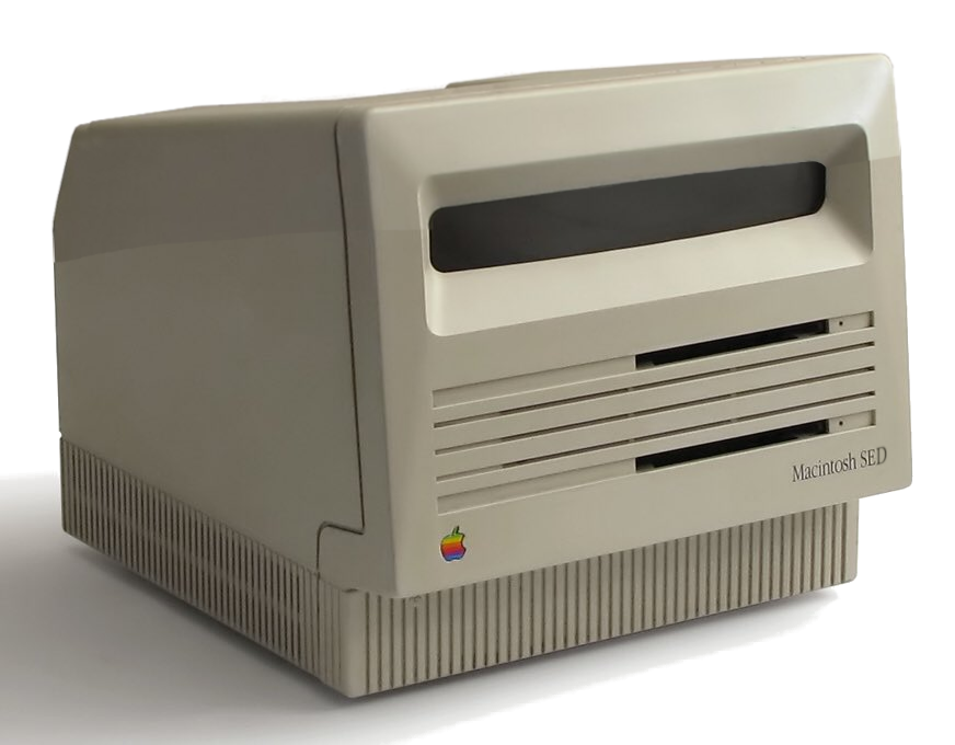 modified picture of a Macintosh SE computer, with the monitor flattened to a stripe that could only display a single line of text at a time