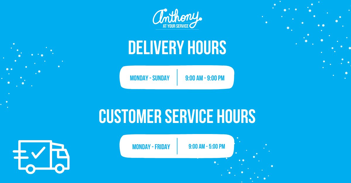 AnthonyAYS's tweet photo. Curious what our hours are? ⏰

We are happy to accommodate deliveries Monday through Sunday* between 9:00 am - 9:00 pm. 
Requests for deliveries are only accepted Monday through Friday 9:00 am - 5:00 pm.
*Weekend deliveries require a minimum of 3 business days' notice to confirm https://t.co/rXTbB6wNQ6