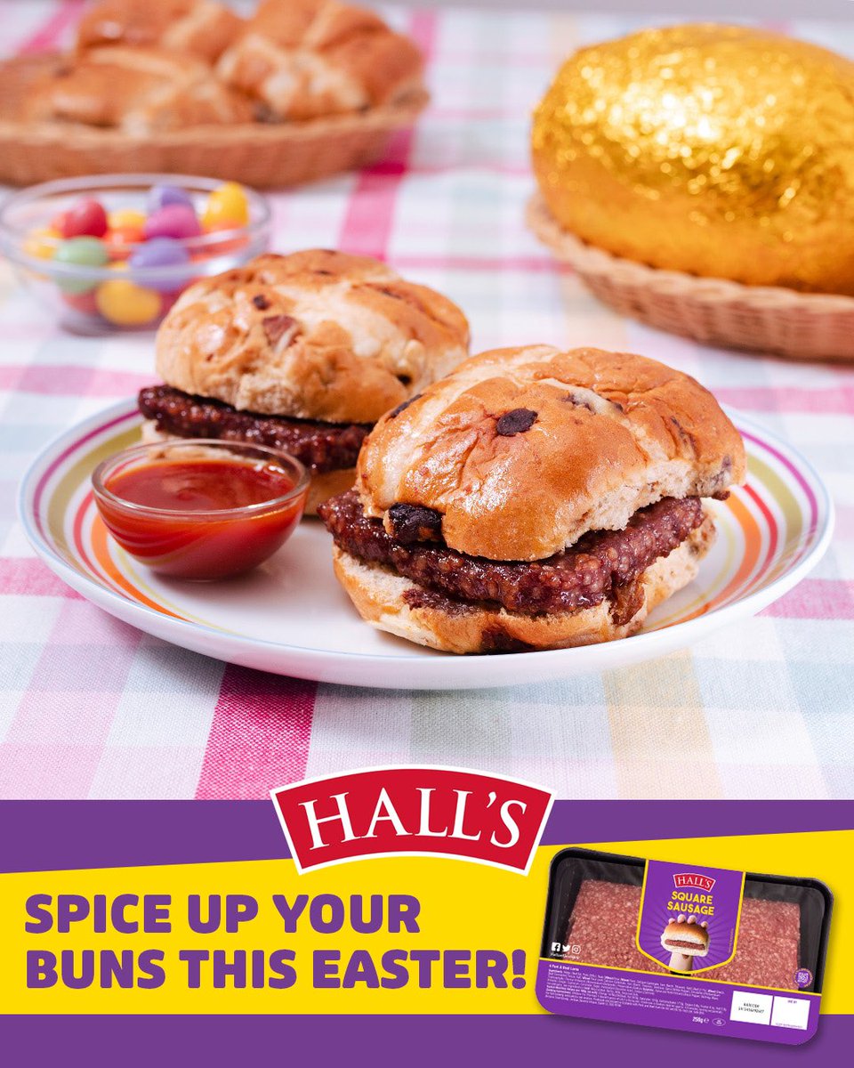 Spice up yer buns with a Halls square sausage for an egg-cellent Easter brunch! #easter #happyeaster
