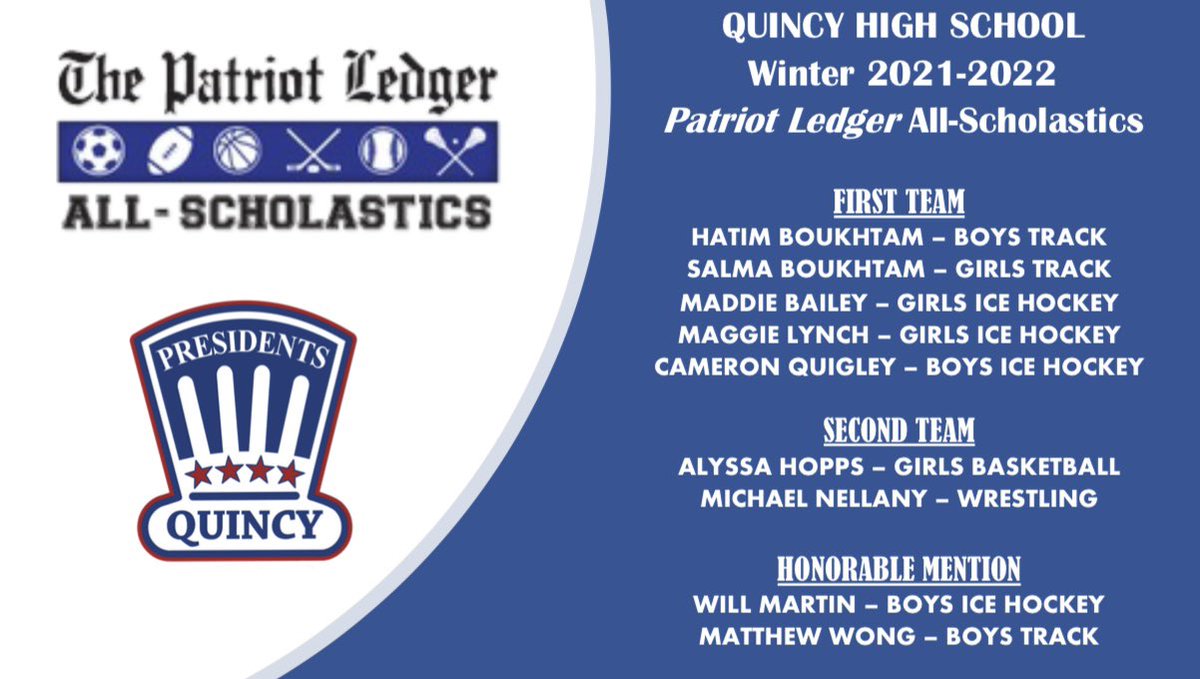 Quincy HS Athletics (@qhsathletics) on Twitter photo Congratulations to the following student-athletes selected as Patriot Ledger All-Scholastics for the Winter season!
<a href="/sports_ledger/">Patriot Ledger sports</a> <a href="/quinzeehigh/">Presidents</a>
<a href="/QNQ_Hockey/">QNQ Girls High School Hockey</a> <a href="/QuincyHSHockey/">QuincyPresidentsHockey2223</a> <a href="/qnq_wrestling/">QNQ Wrestling</a> <a href="/BballQhs/">QHS-Girlsโ bball</a> Congratulations to the following student-athletes selected as Patriot Ledger All-Scholastics for the Winter season!
<a href="/sports_ledger/">Patriot Ledger sports</a> <a href="/quinzeehigh/">Presidents</a>
<a href="/QNQ_Hockey/">QNQ Girls High School Hockey</a> <a href="/QuincyHSHockey/">QuincyPresidentsHockey2223</a> <a href="/qnq_wrestling/">QNQ Wrestling</a> <a href="/BballQhs/">QHS-Girlsโ bball</a>