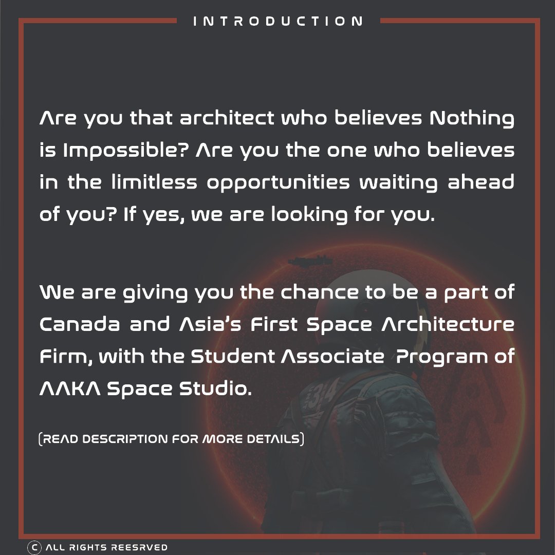 AakaSpace's tweet image. We are looking for the space nerd budding architects among you. With AAKA Space Studio&apos;s Student Associate Program, join us and be a part of our space architecture community. And to register yourself for the program click on  aakaspacestudio.com/copy-of-regist…. 
#spacearchitect #space