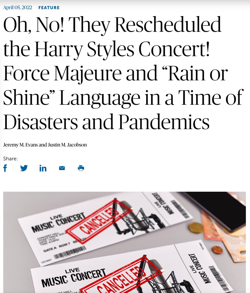 Co-authored <a href="/ABAGPSolo/">ABA GPSolo</a> magazine article, “Oh no they rescheduled the Harry Styles concert! Force majeure and "rain or shine" language in a time of disasters and pandemics"  with <a href="/justinjESQ/">Justin M. Jacobson, Esq.</a> #entertainment #media #sports #termsandconditions csllegal.com/jeremy-evans-p… <a href="/CASportsLawyer/">California Sports Lawyer®</a>