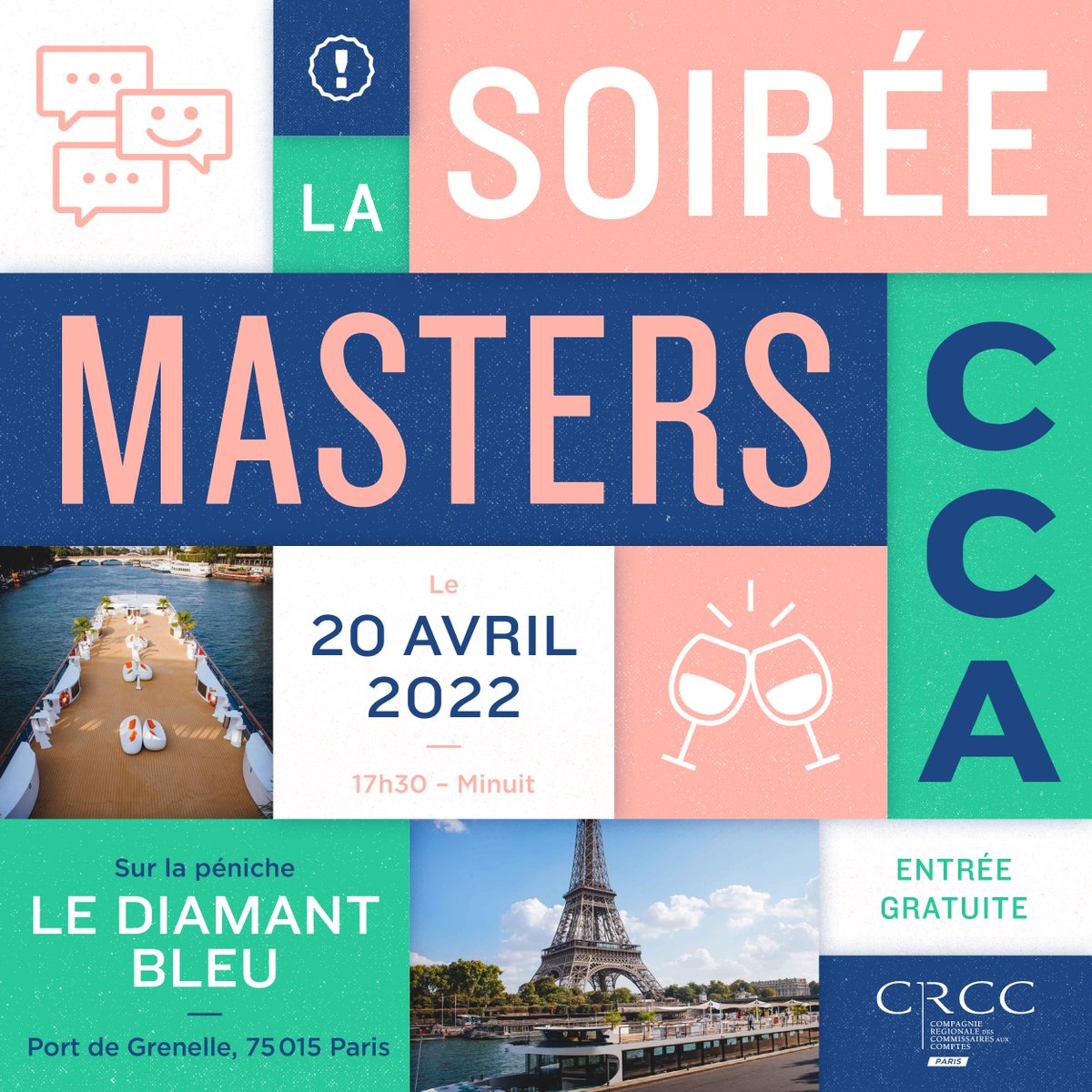 CRCCParis's tweet photo. Attractivité 🎓 | Soirée des Masters CCA
La commission attractivité de la #CRCCParis poursuit sa conquête des jeunes et organise mercredi prochain une soirée dédiée aux #MastersCCA ! 🕺🍹
⭐ Témoignages d’#alumni, CAC&Match, #MakeItEasy et fiesta !
👉 https://t.co/Z41zd9O1Qq https://t.co/Gi1BBINkow