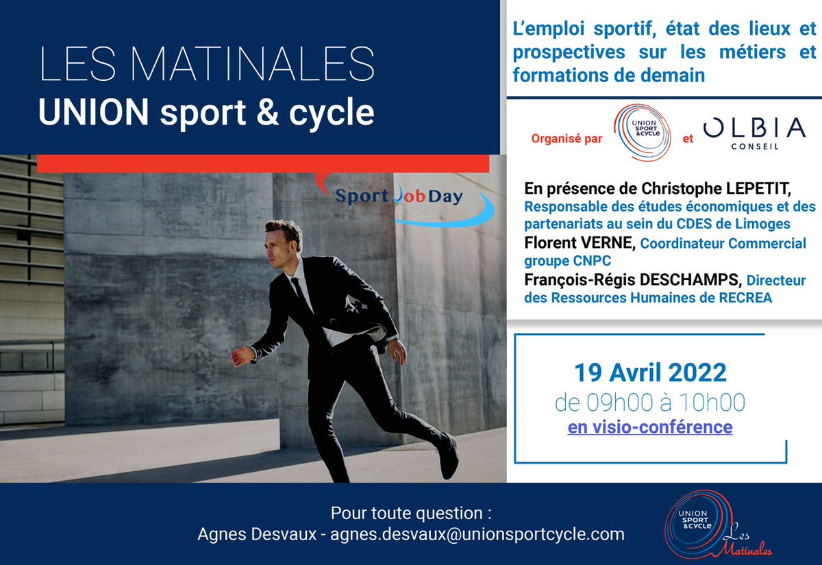 🗓️ RDV mardi 19 avril à 9h00 pour notre prochaine #MatinalesUSC organisée en partenariat avec <a href="/OlbiaConseil/">Olbia Conseil</a> à l'occasion du <a href="/SportJobDay/">Sport Job Day</a> :

« L'emploi sportif, état des lieux et prospectives sur les métiers et formations de demain »

Inscriptions ▶ bit.ly/3vj0HsQ