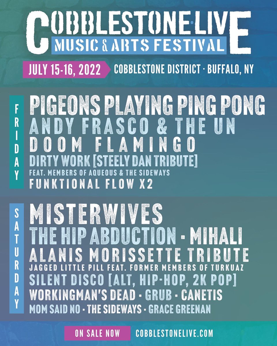 DAILY LINEUP ANNOUNCEMENT! Single-day and two-day general access and VIP access passes are on sale now at cobblestonelive.com 

Cobblestone Live is family-friendly! Kids 10 &amp; under are FREE. 

#cobblestonelive #buffalony #musicfestival