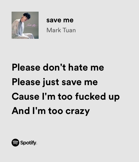 Lyrics for save me are now available on Spotify. 

Keep sharing them and streaming save me 💜

#saveme #saveme_MarkTuan  #MarkTuan <a href="/marktuan/">Mark Tuan</a> <a href="/dnaofficial/">DNAOFFICIAL</a>  open.spotify.com/track/15xLGWvL…