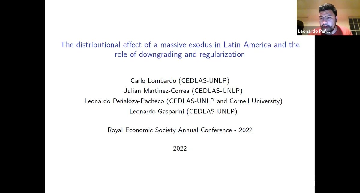 😃 Very happy to have presented this morning at the <a href="/RoyalEconSoc/">Royal Economic Society</a> 2022 Annual Conference our paper with <a href="/Carloilombardo/">Carlo Lombardo</a>, <a href="/julian_mcorrea/">Julian Martinez Correa</a>, and Leonardo Gasparini (<a href="/CEDLAS/">CEDLAS</a>) on the distributive effects of the Venezuelan exodus in Colombia. 🇨🇴🇻🇪