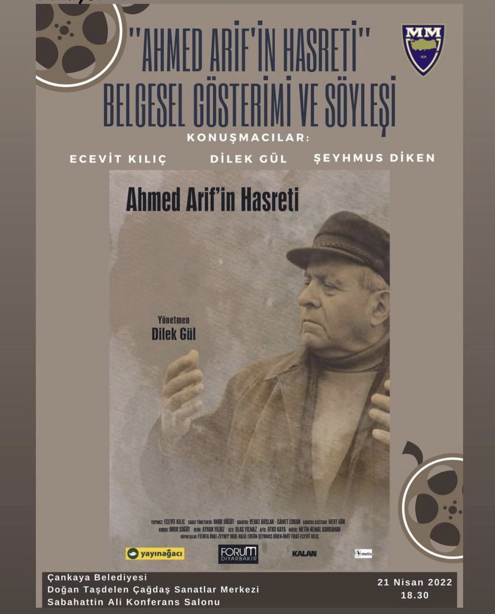 🥳🥳 Ankara’dayız, buluşalım!!!

''Ahmed Arif'in Hasreti'' belgeselinin Diyarbakır dışındaki ilk gösterimini 21 Nisan 2022 saat 18.30’da Çankaya Belediyesi Doğan Taşdelen Çağdaş Sanatlar Merkezi'nde gerçekleştireceğiz. Katılımlarınızı bekleriz.
youtu.be/MoYSn5szkX0