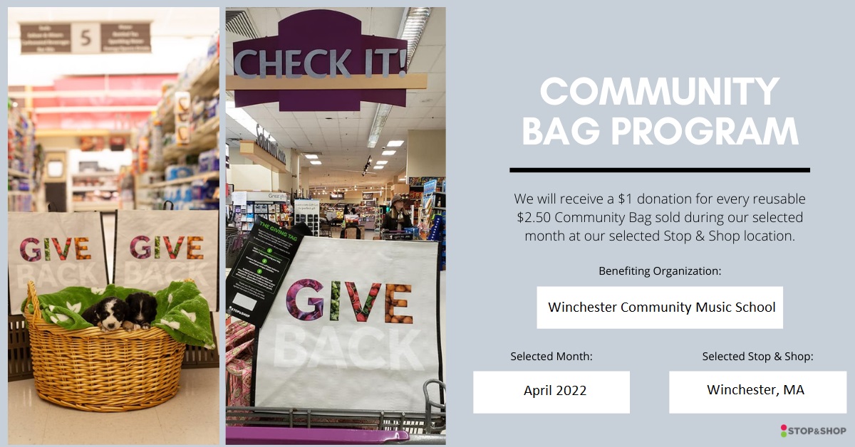 Looking for an easy way to support WCMS while helping the environment? All this month, you can support WCMS by purchasing a reuseable Community Bag at the Winchester Stop and Shop! For every $2.50 bag purchased in April, WCMS will receive $1 of the purchase price.