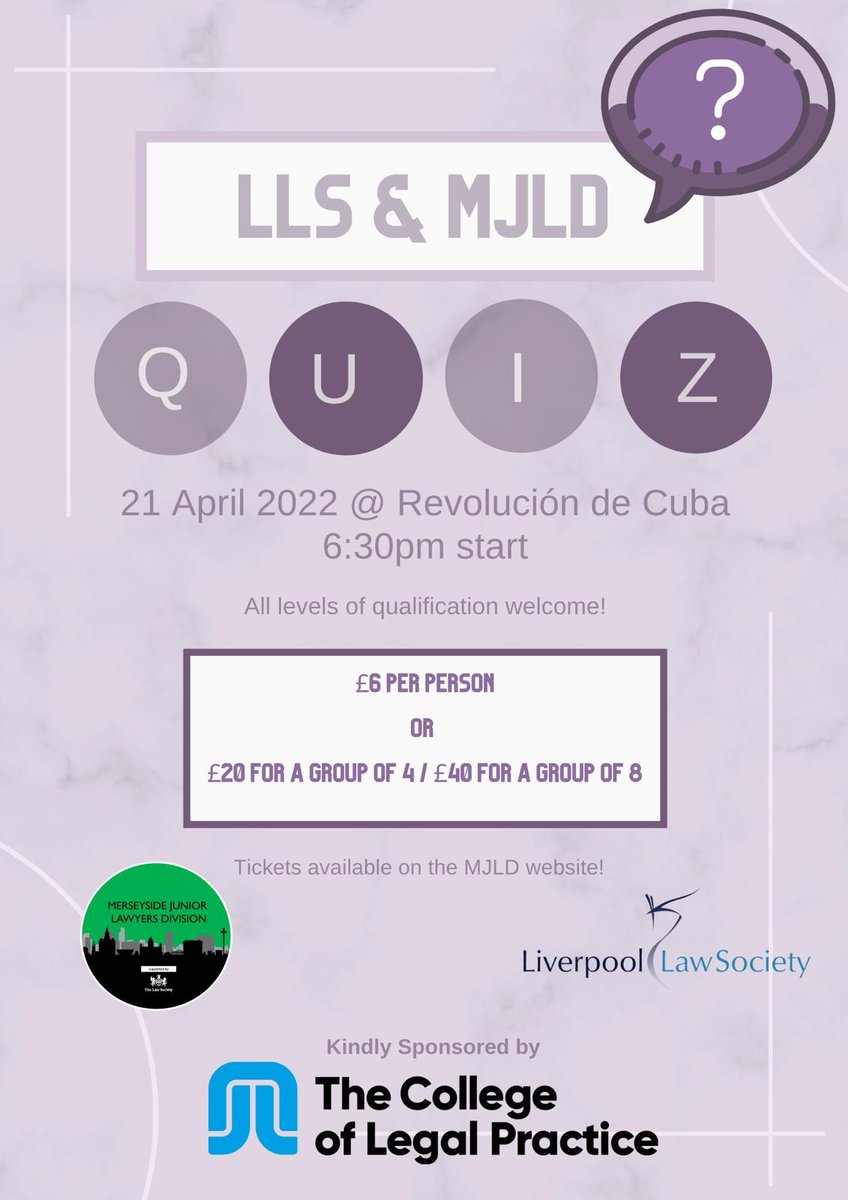 Liverpool Law Society (@lpoollawsociety) on Twitter photo โ๏ธ just a week to go before the annual <a href="/MerseysideJLD/">Merseyside JLD</a> and Liverpool Law Society quiz takes place - sign up now to secure your place! You can sign up as a group or as an individual and you will be placed in a team. merseysidejld.com/event-details/โฆ โ๏ธ just a week to go before the annual <a href="/MerseysideJLD/">Merseyside JLD</a> and Liverpool Law Society quiz takes place - sign up now to secure your place! You can sign up as a group or as an individual and you will be placed in a team. merseysidejld.com/event-details/โฆ