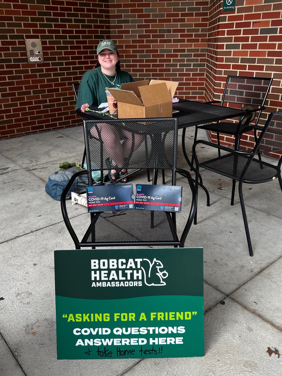 Bobcat Health Ambassadors are outside Baker Center (4th floor) with free COVID-19 tests until 11:30 this morning. Taking a test before gathering with friends/family can help prevent spread of the virus. Pick up a test here or at other campus locations: ohio.edu/coronavirus/te…