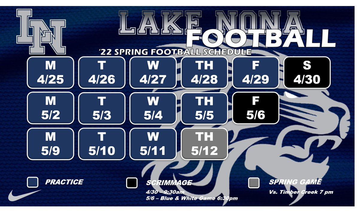 ‘22Spring Schedule! College Coaches we have many reasons to be your 1st stop this spring.  1.) We are 15 mins from the airport. 2.) We are an A rated school with high academics. 3.) LN is the largest HS in Orange County. 4.) Lake Nona puts out college athletes every year! 🦁🏈🚀