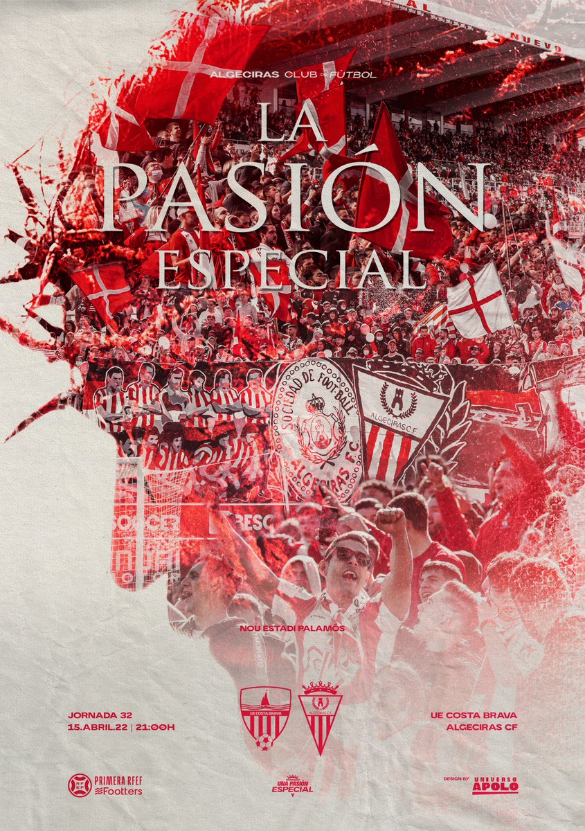 CARTEL ON-LINE 🖼 "LA PASIÓN ESPECIAL"

📅 15 Abril
🆚 @UE_CostaBrava  
🏟️ Nou Estadi de Palamós
🕓 21:00h
🏆 J32 <a href="/Primera_RFEF/">Primera Federación Versus e-Learning</a>
📺 @footters <a href="/FuchsSportsES/">FuchsSportsES</a> 
📻 <a href="/minutoes/">Algeciras al minuto</a>
🖌️ @universoapolo

#AVencerPorTuAficion