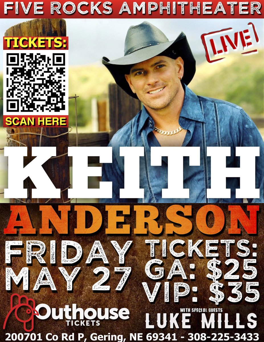I can’t wait for this show! What a COOL venue!! Going to be a blast! Friday, May 27 in Gering, NE. Get your tickets at outhousetickets.com or scan the poster! C’MON!