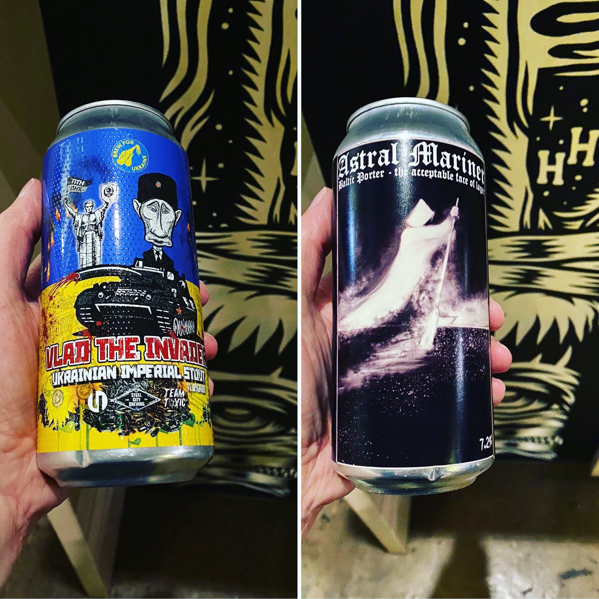 Two new @Steelcitybrew at #HopHideout ⤵️ 🍺 Baltic porter collab alongside Sheffield based Black Metal artist Ethereal Shroud - Astral Mariner. 💙💛 @brewforukraine initiative collab with @Lost_Industry & @TeamToxicLtd A Ukrainian Imperial Stout - Vlad The Invader.