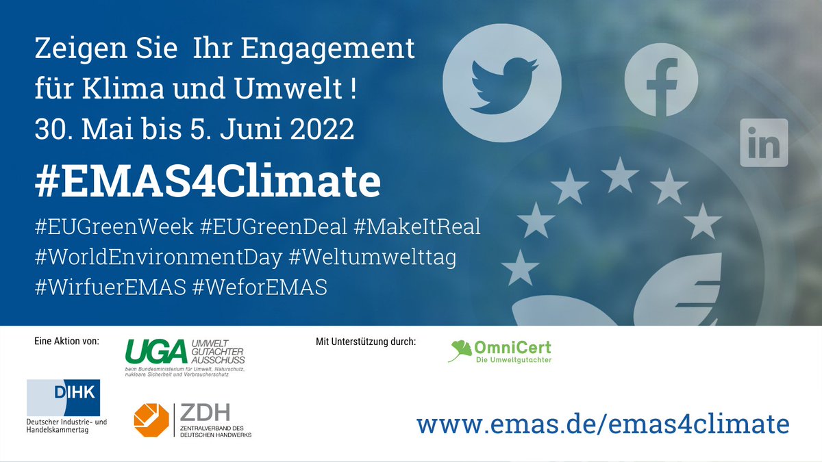 An alle EMAS-Anwender:innen und Unterstützer:innen des europäischen Premium- #Umweltmanagement: 
Best Management Practice für den #Klimaschutz gesucht! Posten Sie Ihren Beitrag zur #EUGreenWeek und zum #Weltumwelttag unter dem Hashtag #EMAS4Climate. 
Infos emas.de/emas4climate