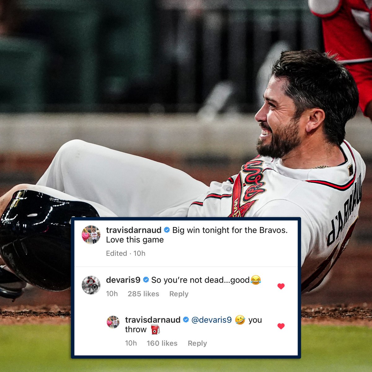 This postgame exchange between Travis d'Arnaud and @FlashGJr 😆