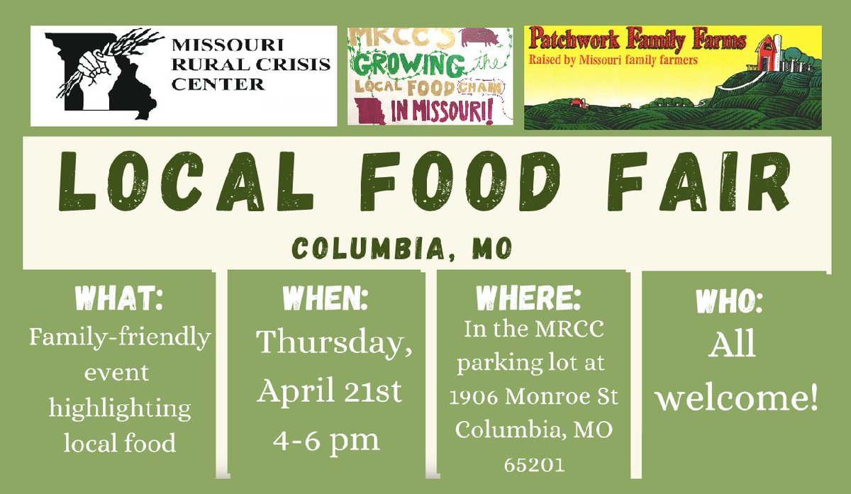 Looking to do some service for the Columbia community, while snagging a delicious, catered meal from Fresh Harvest Grill? Sign up to volunteer for the Missouri Rural Crisis Center Local Food Fair TODAY!

Please contact kira@morural.org for more information!