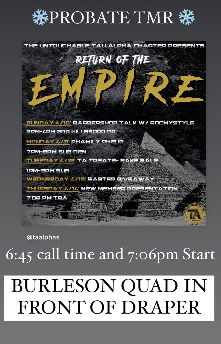 Get your fits ready and come out to see the new Alphas 👀👀

7:06pm Burleson Quad in front of Draper🤙🏾