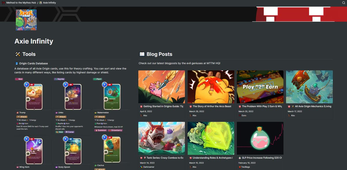 We are submitting the MTTM Hub as our application for <a href="/AxieInfinity/">Axie Infinity</a> Resources &amp; tools for #OriginEducation!

Our Current Content:
- Origin Card Database
- Guides and Content for Axie!
- P&amp;E Pieces from our Contributors!

hub.mttmofficial.xyz/axie-infinity
