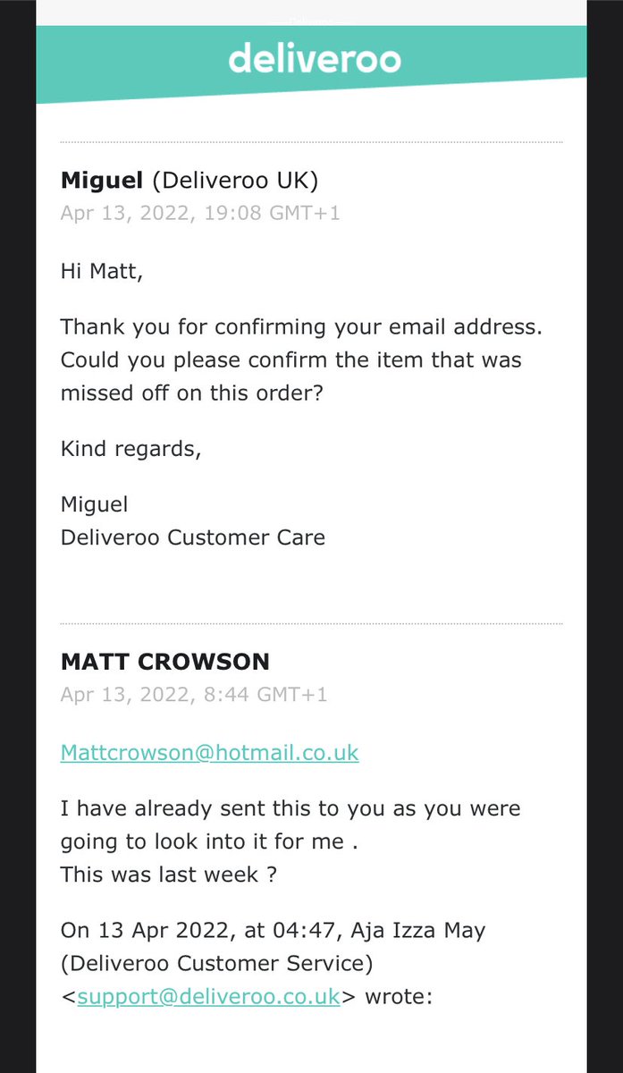 mattycrowson's tweet photo. @Deliveroo this has been going on for over a week ! The worst customer service I have ever seen ! https://t.co/XN3C8HiwRZ