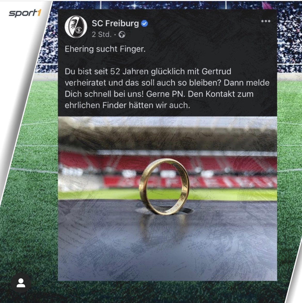 pitgottschalk's tweet photo. Auch wir von @SPORT1 helfen!

Der @scfreiburg sucht den Mann, der mit Gertrud seit 52 Jahren verheiratet ist - und offenbar seinen #Ehering verloren hat. Den Mann werden wir doch hoffentlich finden!

Bitte und gerne teilen. https://t.co/Y0YJmIUl3D