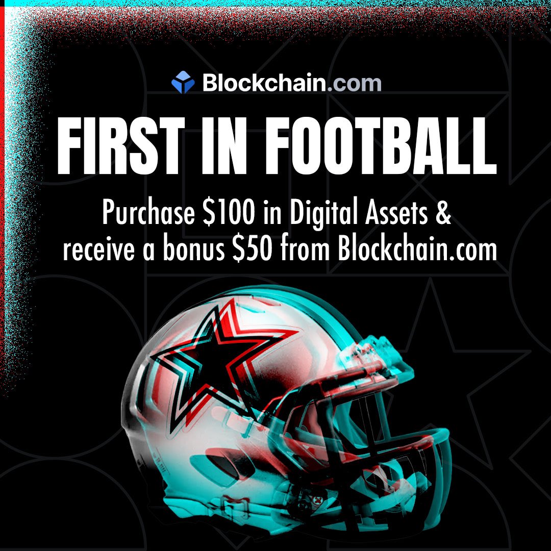 First in 🏈 &amp; first for the fans!

Thanks to our new partner <a href="/blockchain/">Blockchain.com</a> for giving back to #CowboysNation! For a limited time, buy $100 of digital assets &amp; get $50 back in your wallet. Click the link below &amp; follow the instructions!

💻: bit.ly/3uDgQu4