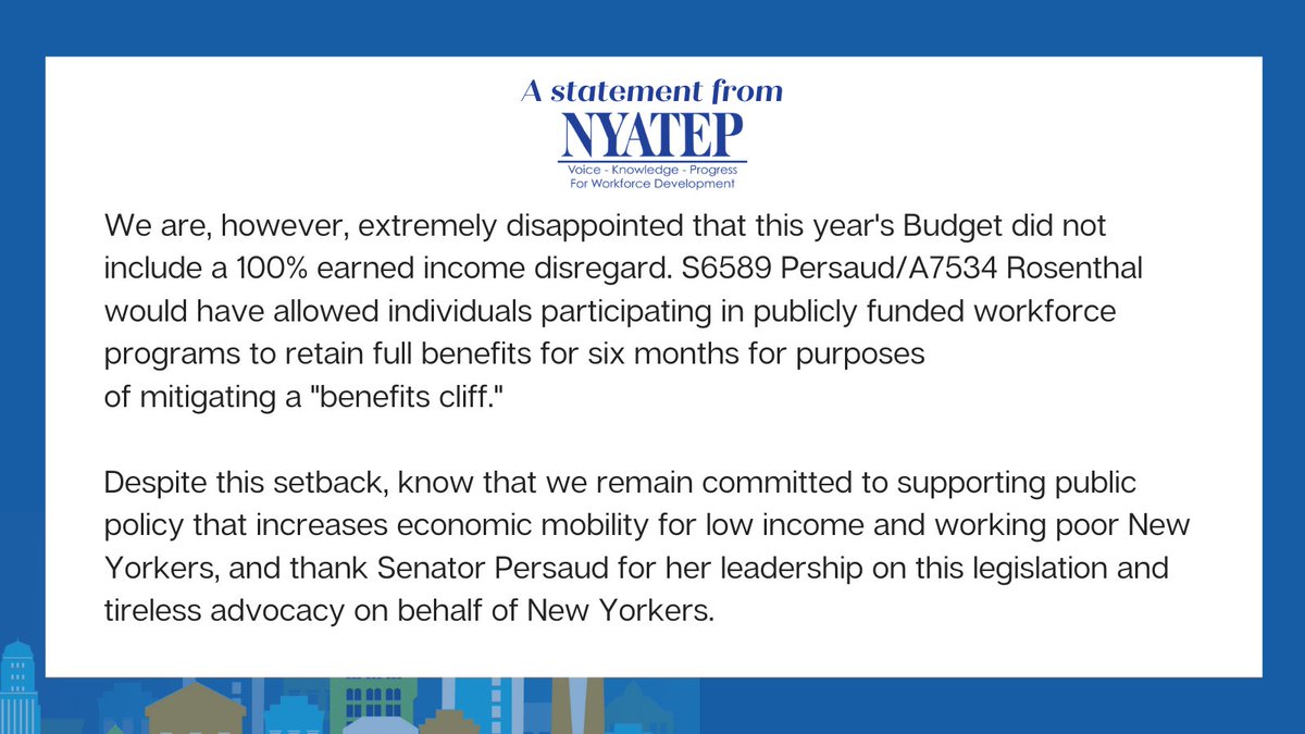 NYATEP's tweet photo. A statement from NYATEP on #IncomeDisregards being excluded from the #NYSbudget @GovKathyHochul @SenatorPersaud #NYATEP #WkDev https://t.co/rjpujrvJaa