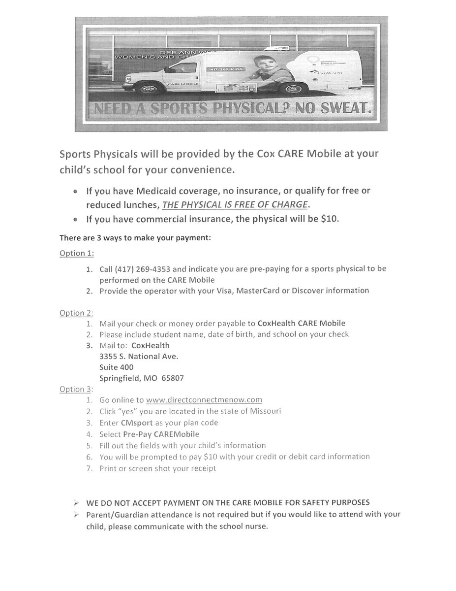 Purdy will have it's sports physical day on through CoxHealth Care Mobile in the board room on Monday, August 1st, from 9AM to 2PM.  Click on this link to download to forms you will need or come by the athletics office to pick up copies.
 drive.google.com/drive/folders/…